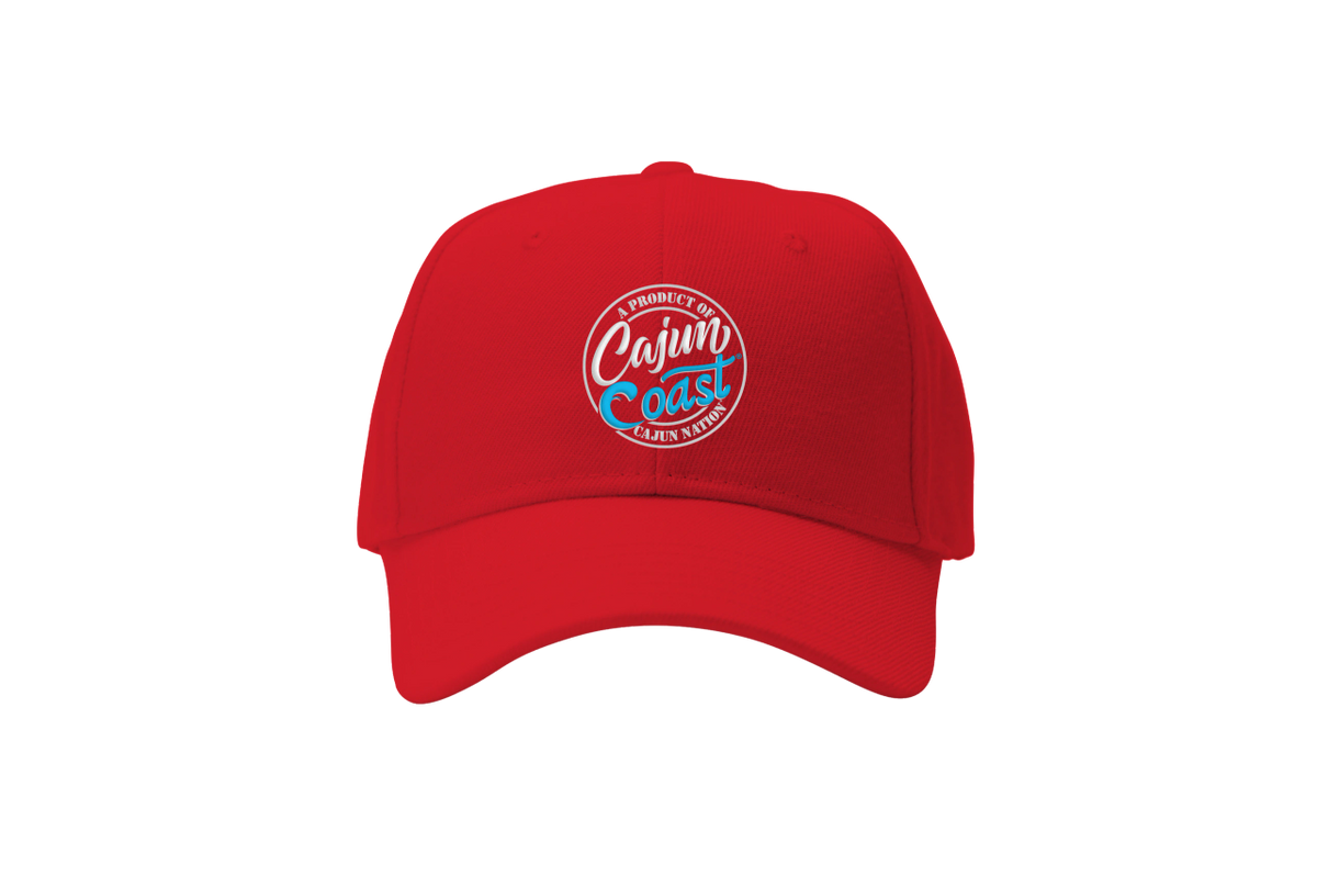  Cajun Coast Polo Cap - Pre-curved Visor Fabric strap with antique brass slide buckle closure 100% Cotton One size fits Most  Plastisol  print 