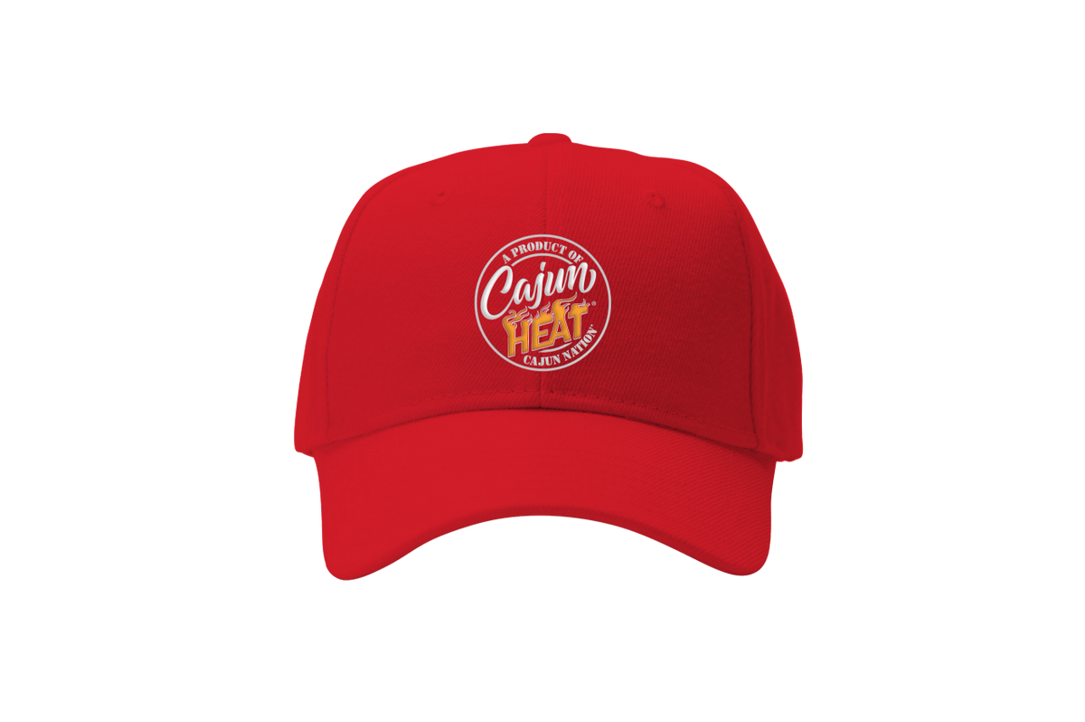  Cajun Heat Red Polo Cap - Pre-curved Visor Fabric strap with antique brass slide buckle closure 100% Cotton One size fits Most Plastisol print